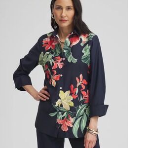 Chicos No Iron Stretch Floral Shirt Navy Blue Orchid 3/4 Sleeve Chico Sz  1 US 8